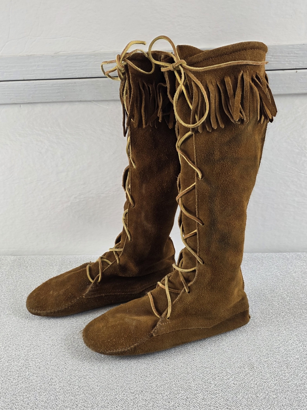 Handmade Brown Suede Fringe Lace-Up Moccasins Women's 10